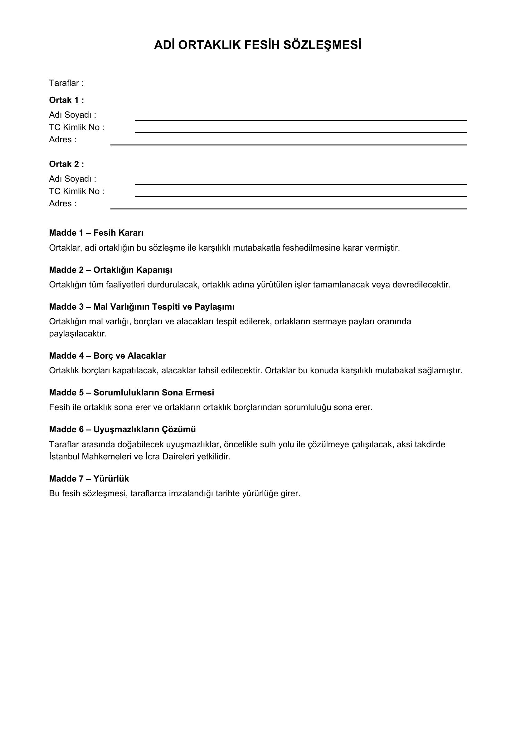 Adi Ortaklık Fesih Sözleşmesi Örneği