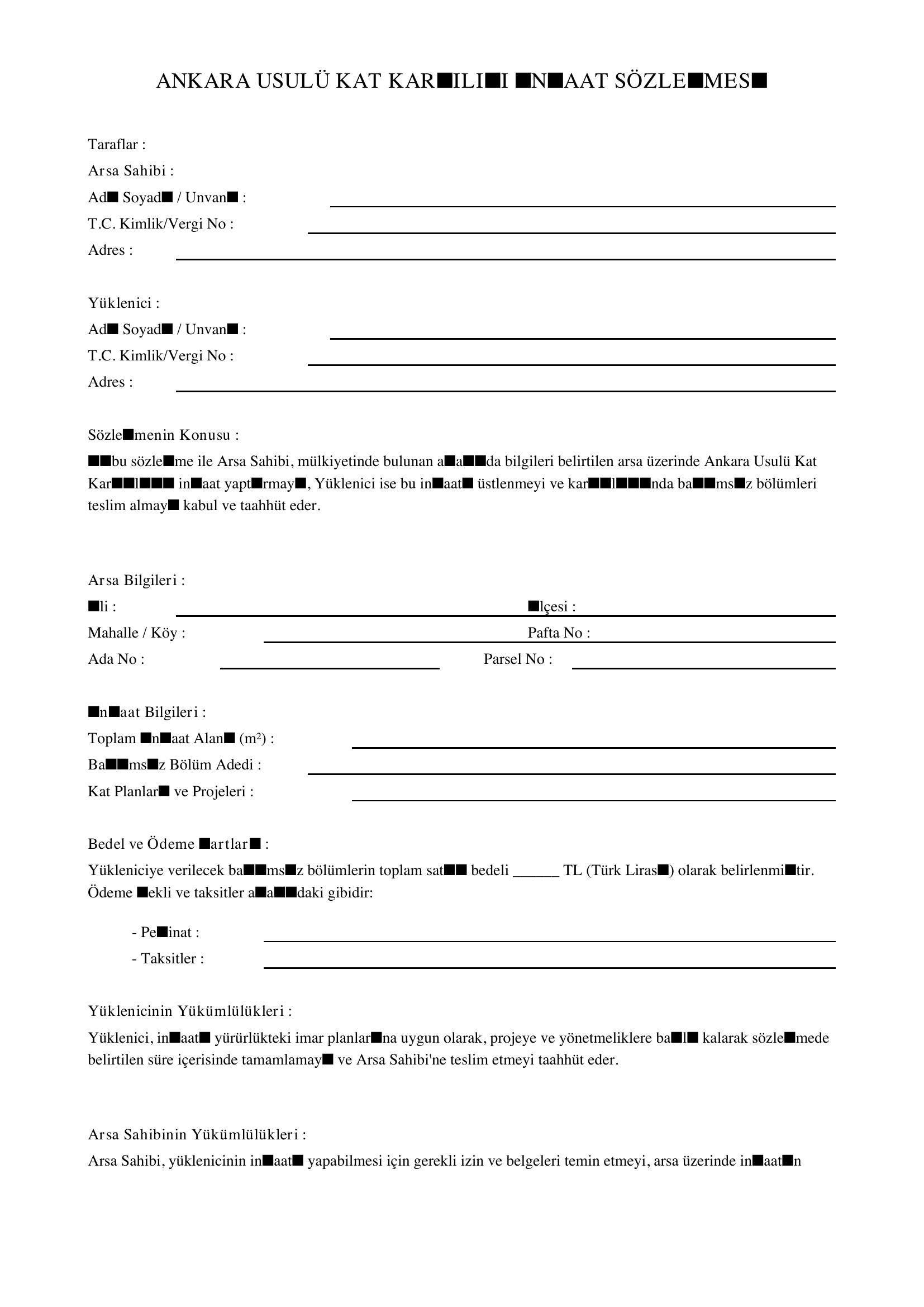 Ankara Usulü Kat Karşılığı Inşaat Sözleşmesi Örneği