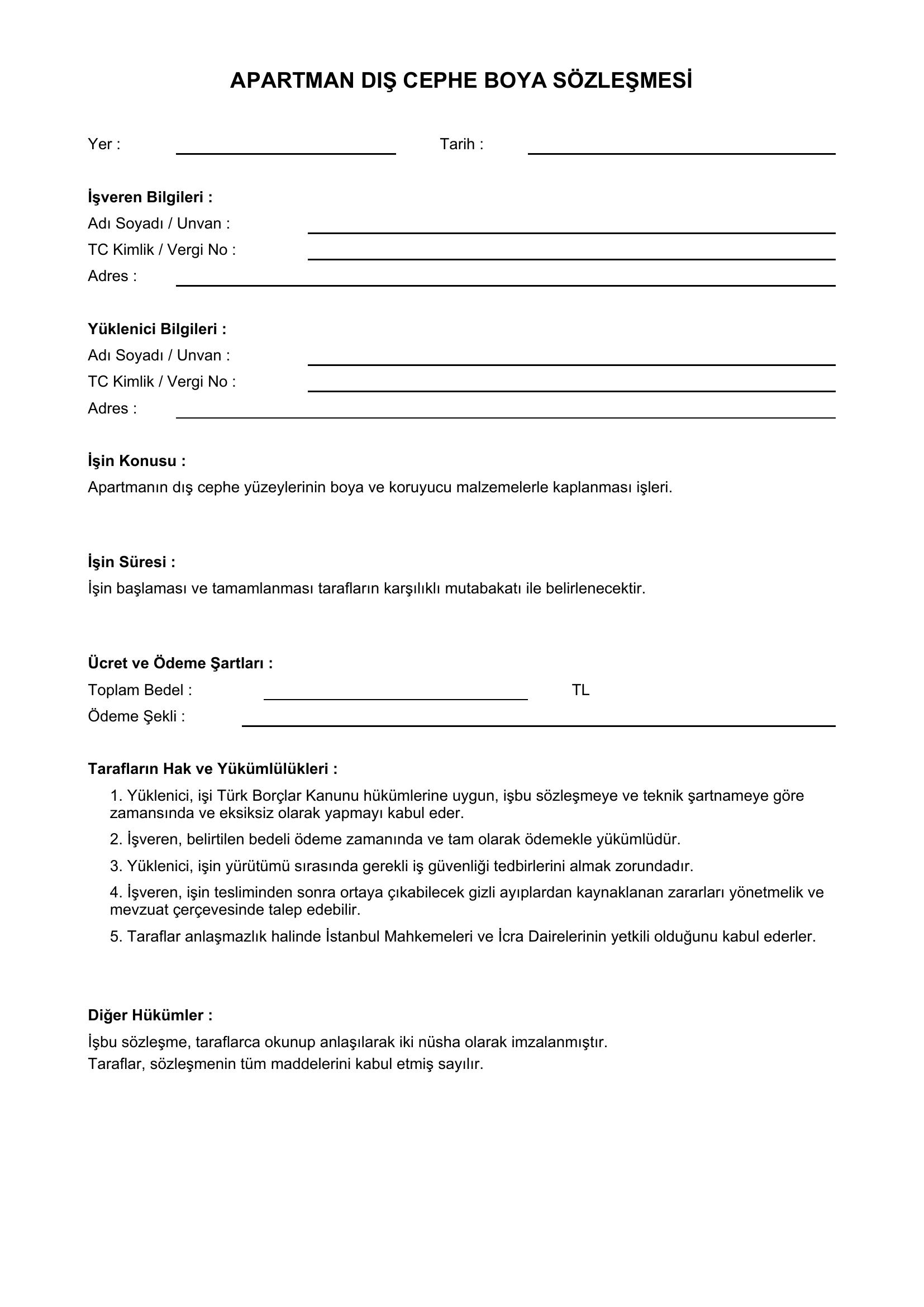 Apartman Dış Cephe Boya Sözleşmesi