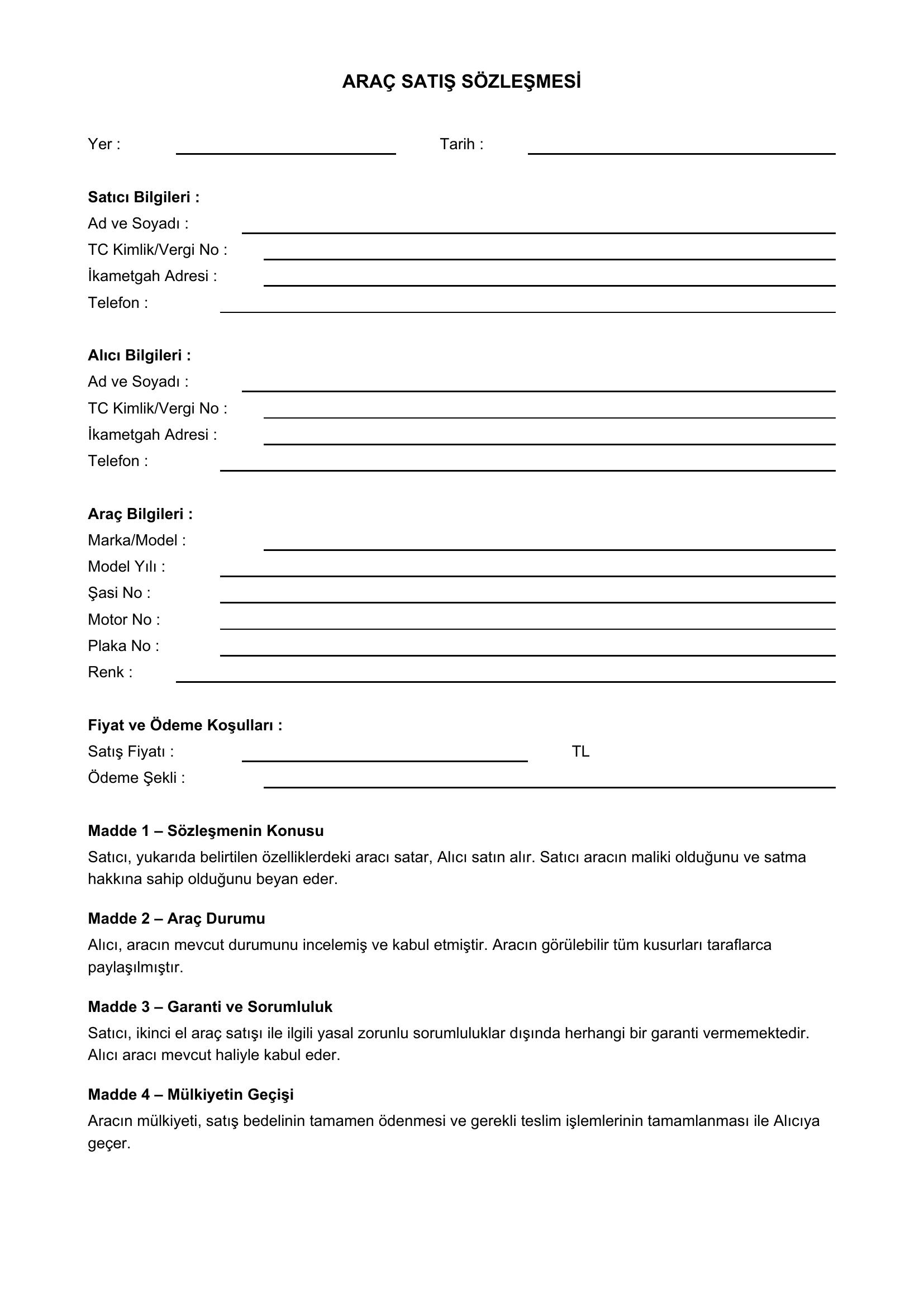 Araç Satış Sözleşmesi Örneği