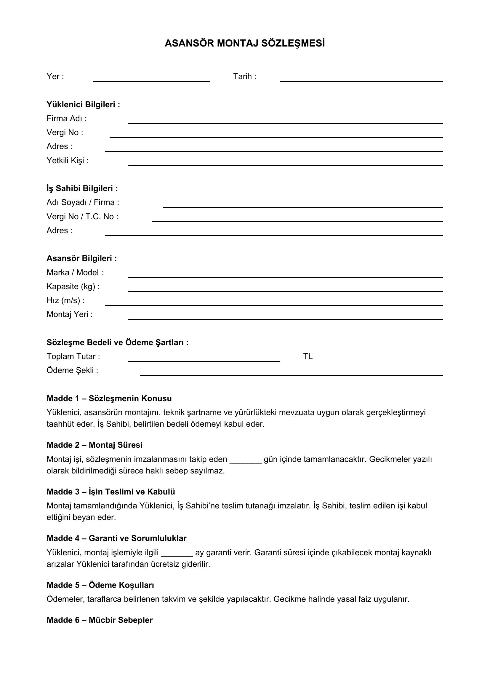 Asansör Montaj Sözleşmesi Örneği