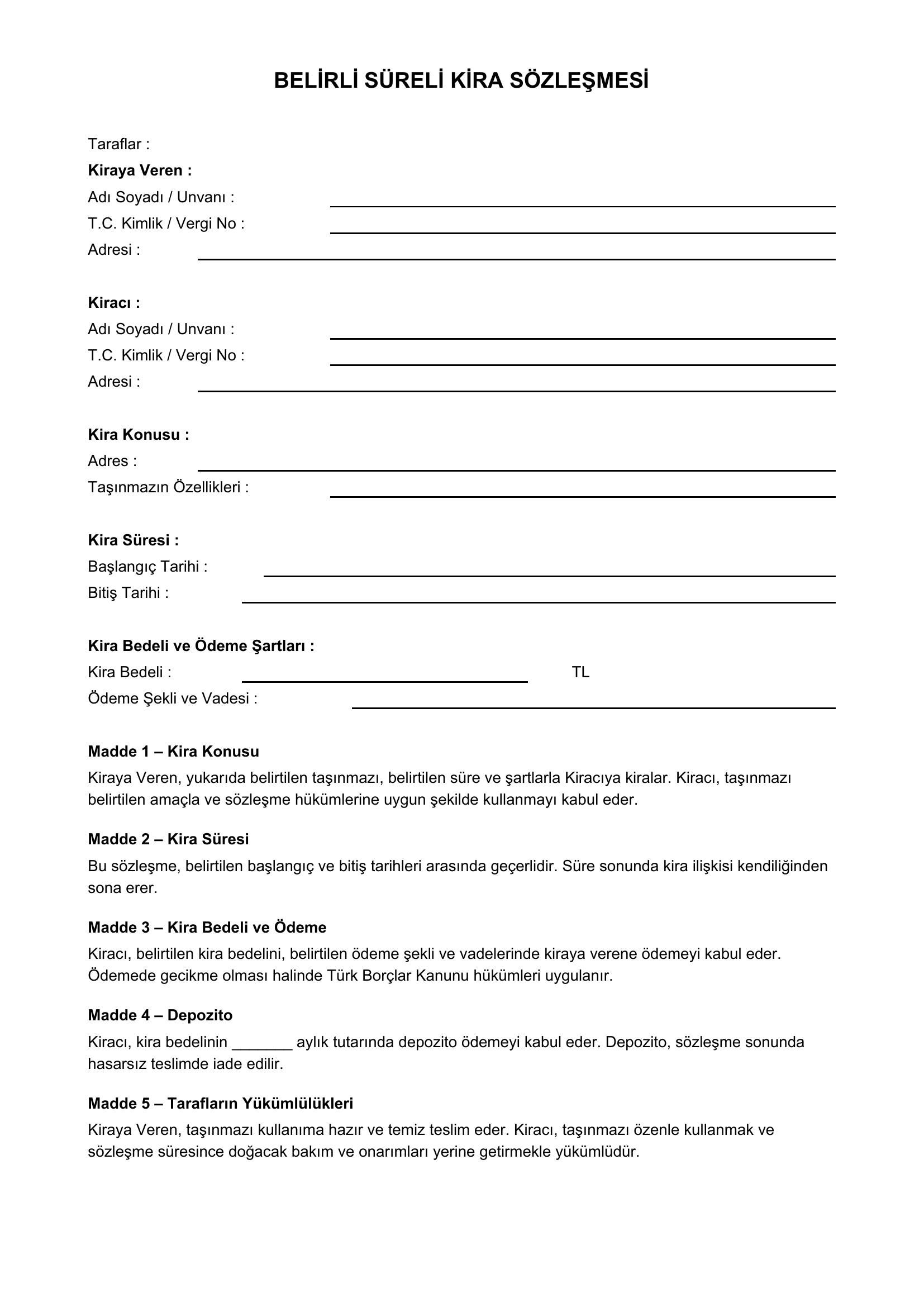 Belirli Süreli Kira Sözleşmesi Örneği