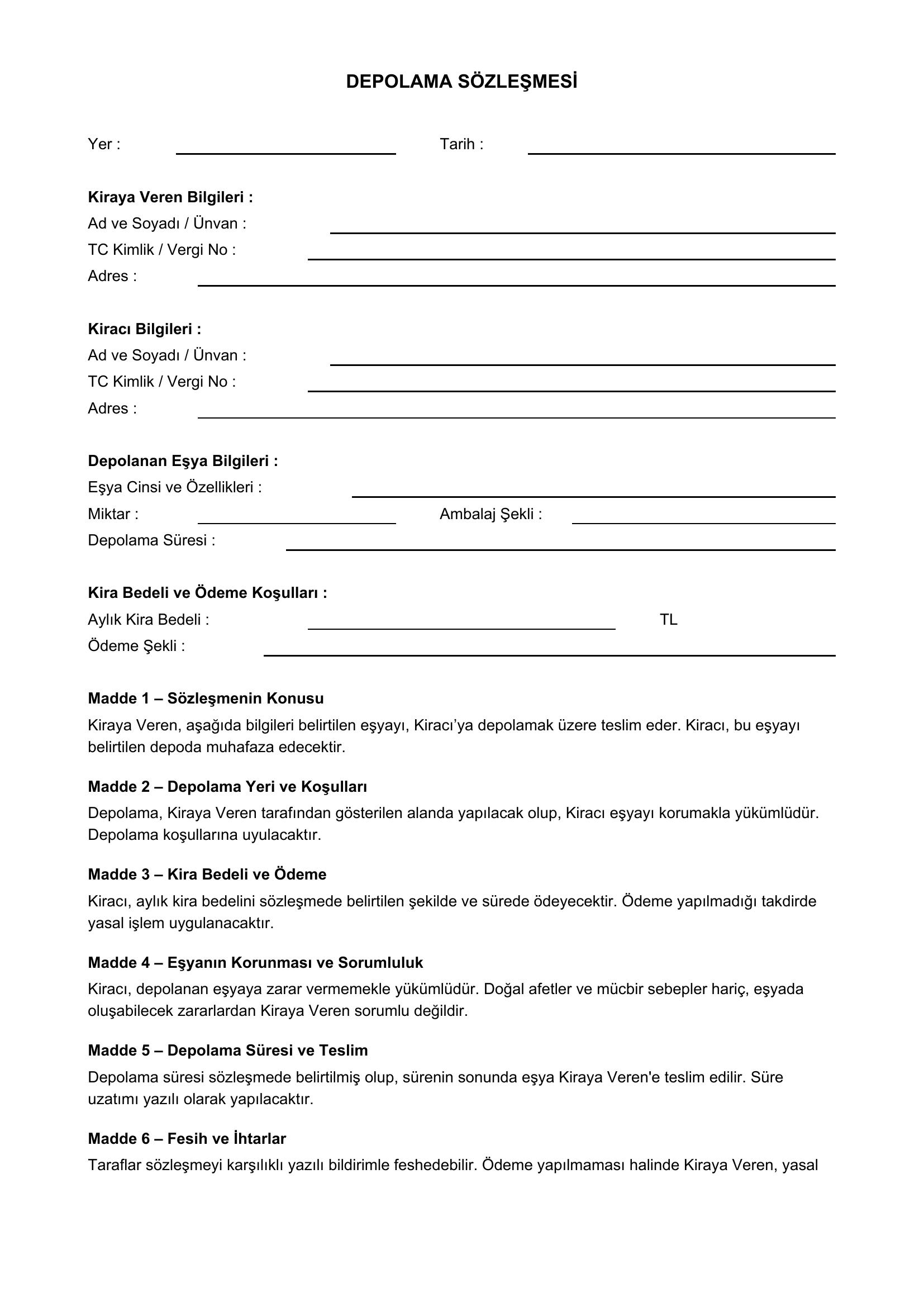 Depolama Sözleşmesi Örneği