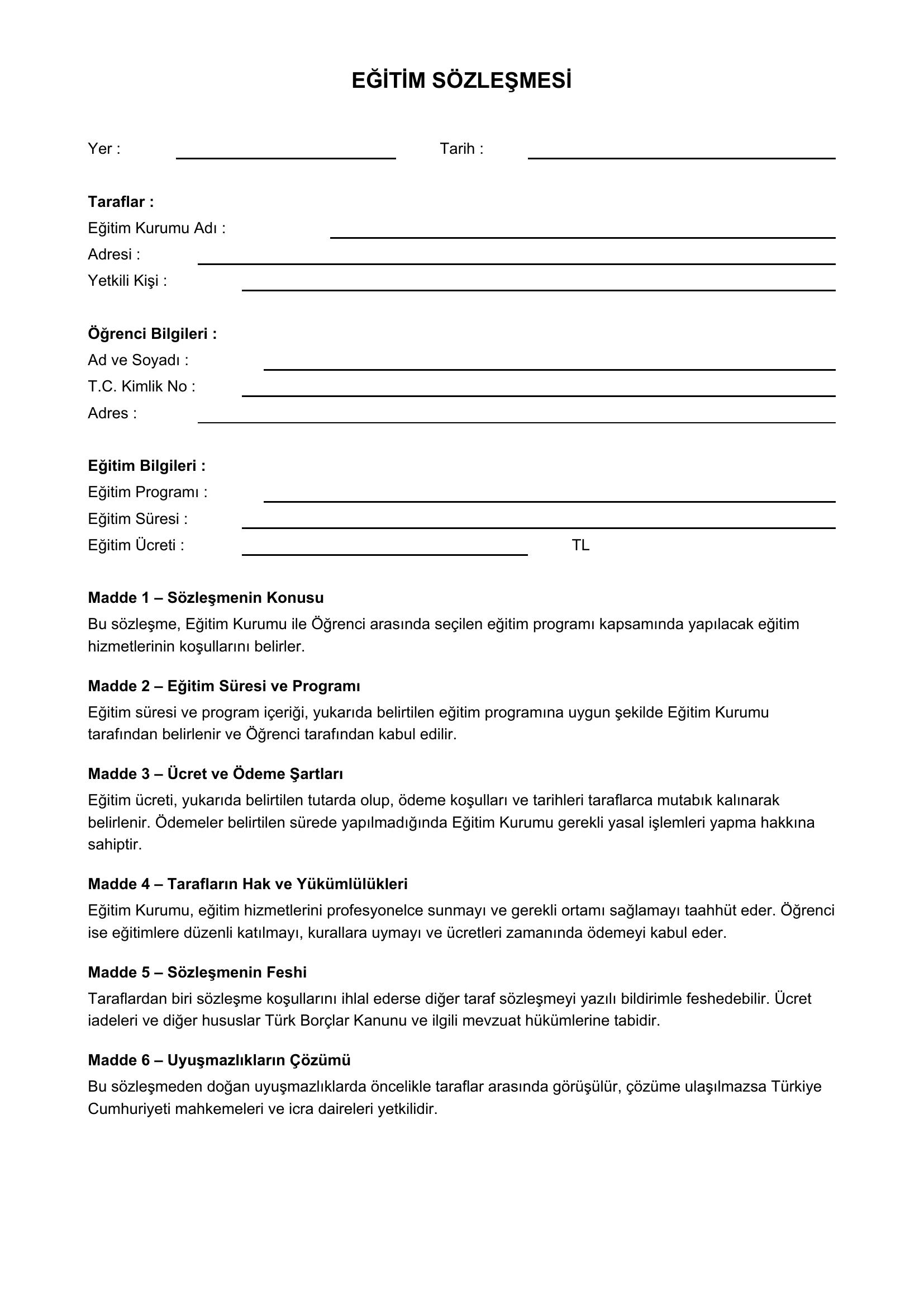 Eğitim Sözleşmesi Örneği