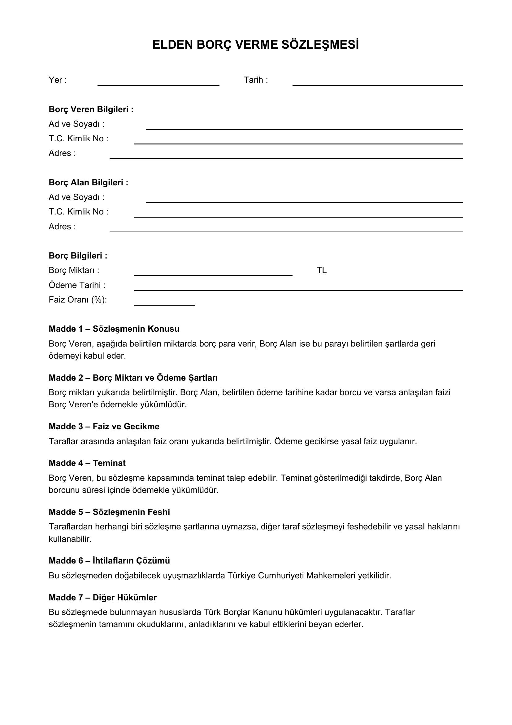 Elden Borç Verme Sözleşmesi Örneği