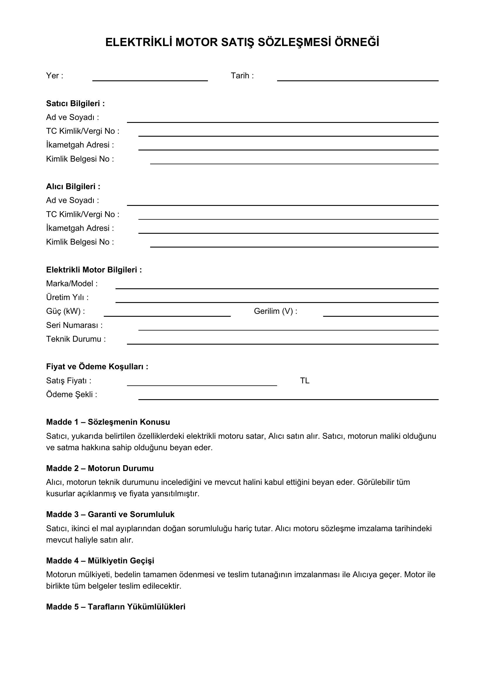 Elektrikli Motor Satış Sözleşmesi Örneği