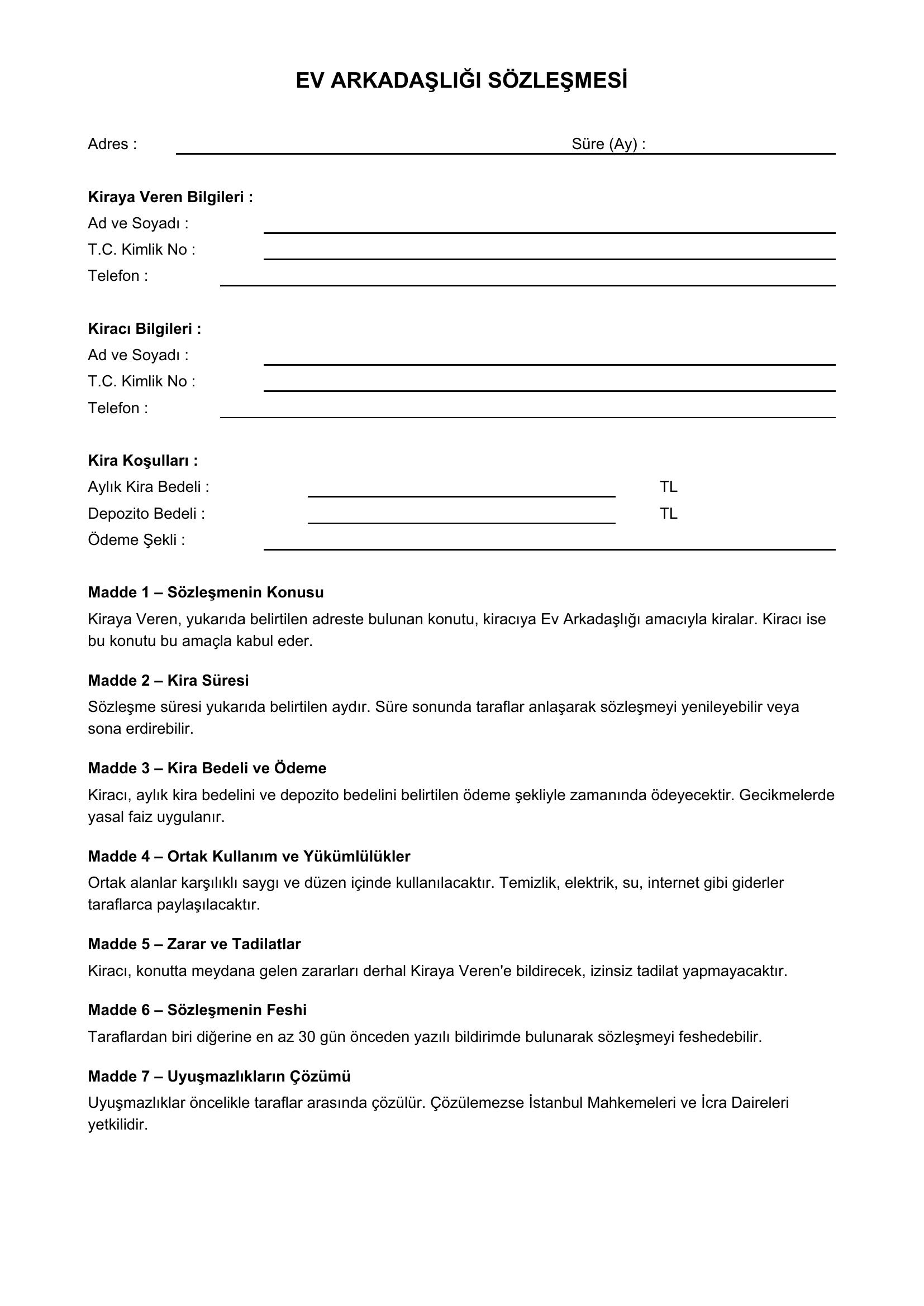 Ev Arkadaşlığı Sözleşmesi