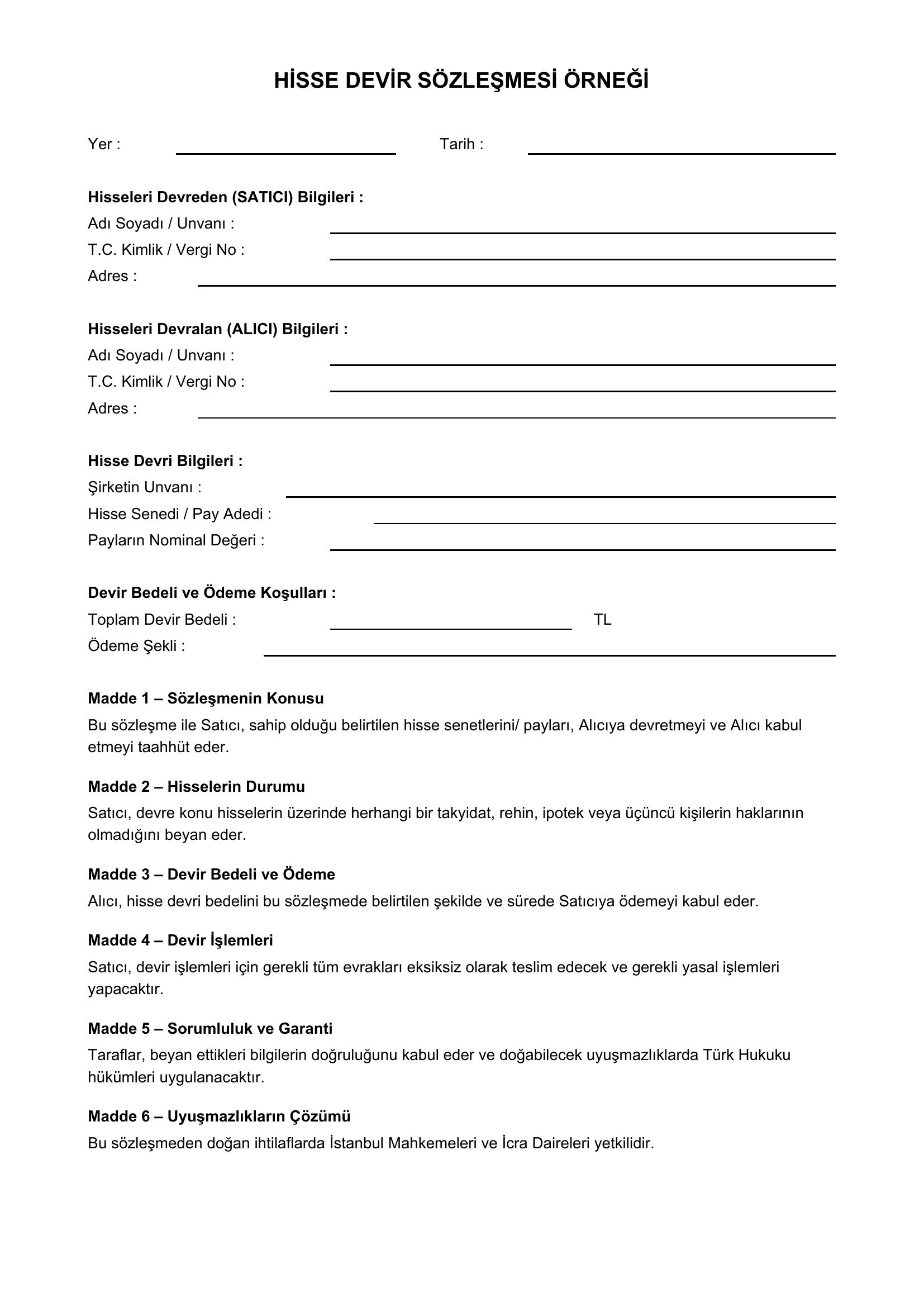 Hisse Devir Sözleşmesi Örneği