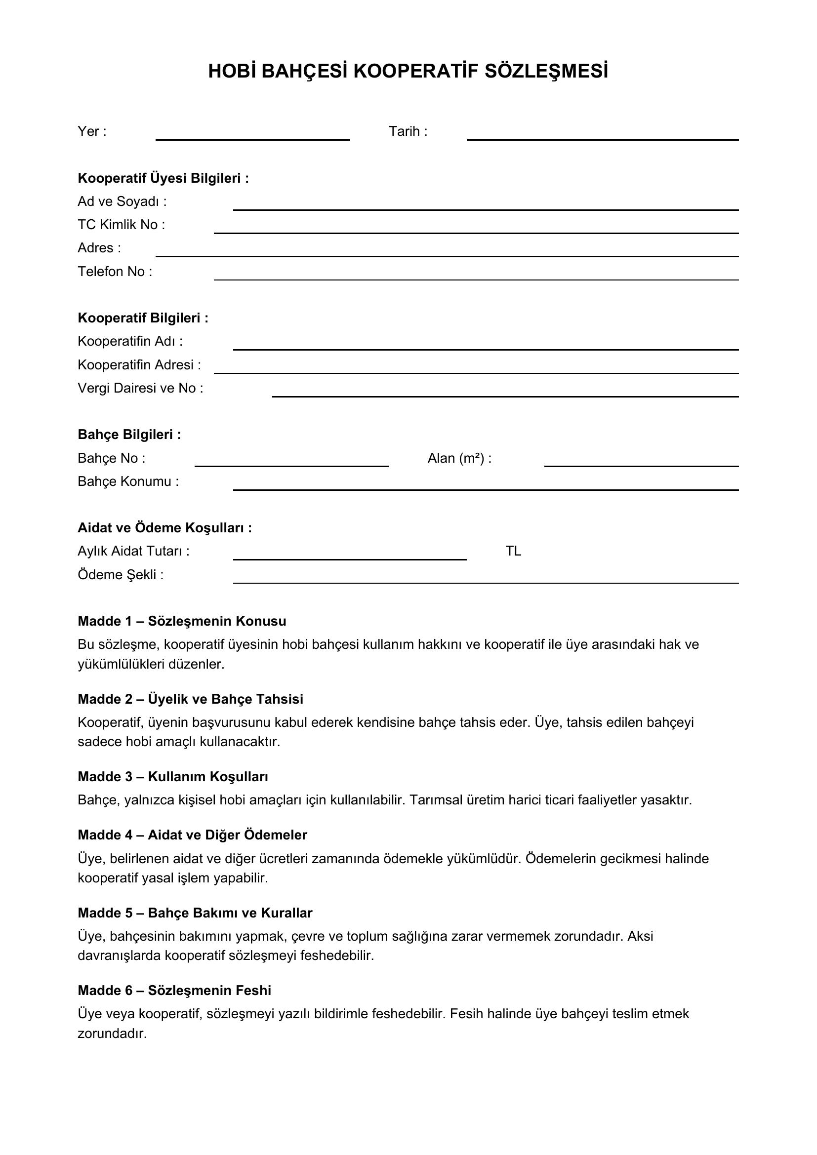 Hobi Bahçesi Kooperatif Sözleşmesi Örneği