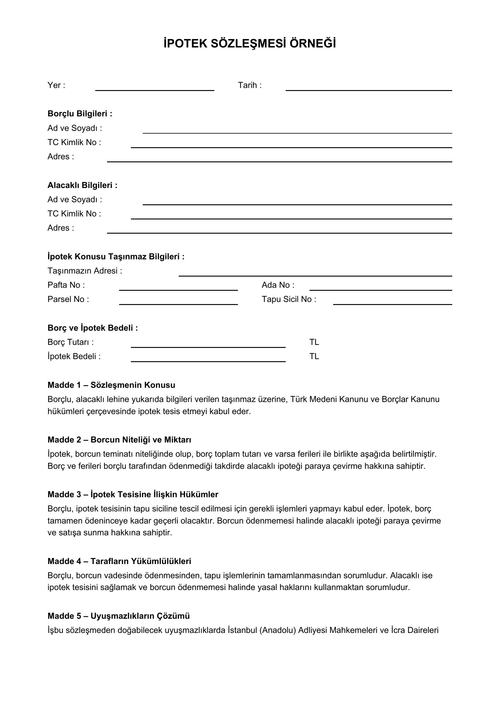 Ipotek Sözleşmesi Örneği