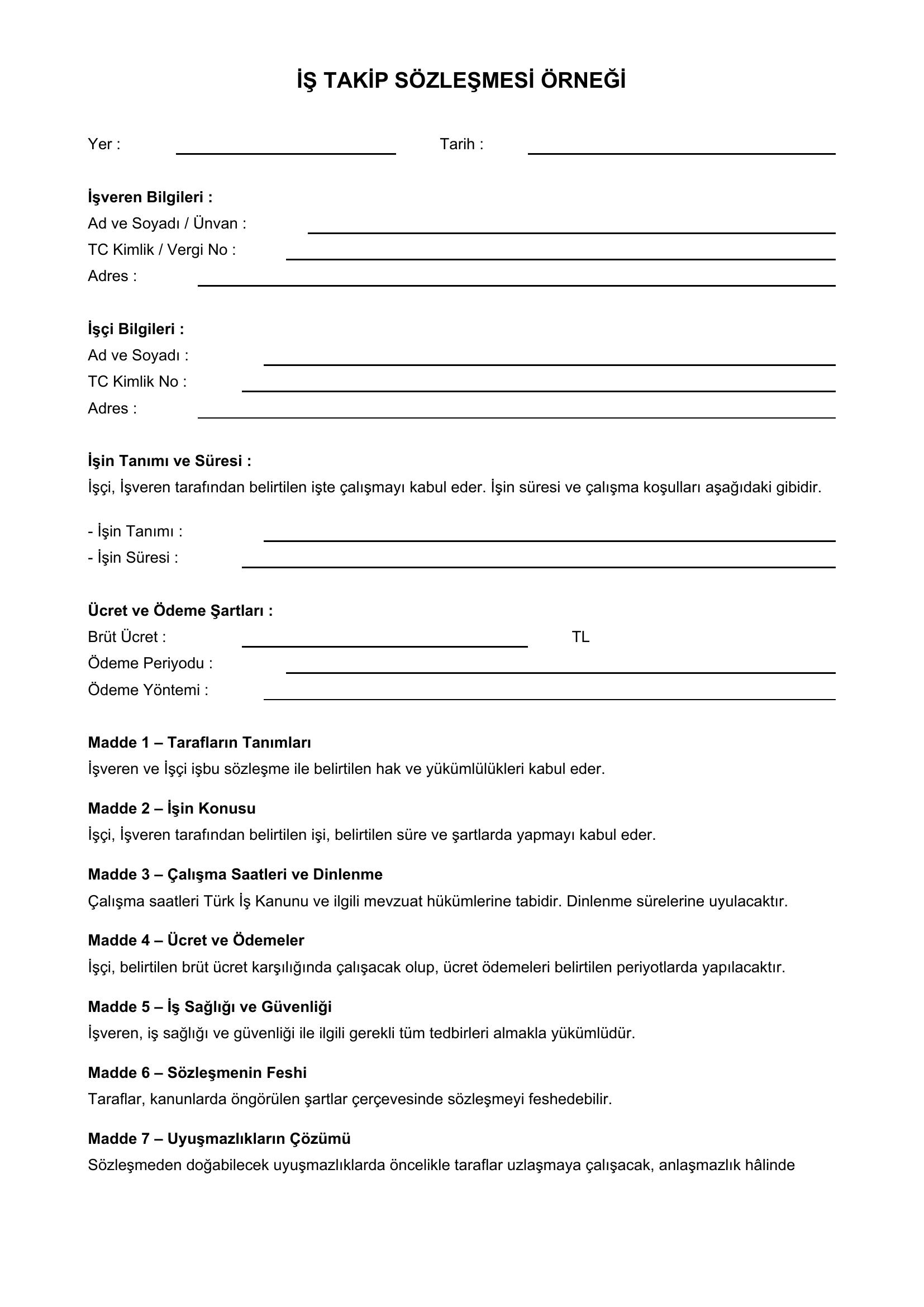 Iş Takip Sözleşmesi Örneği