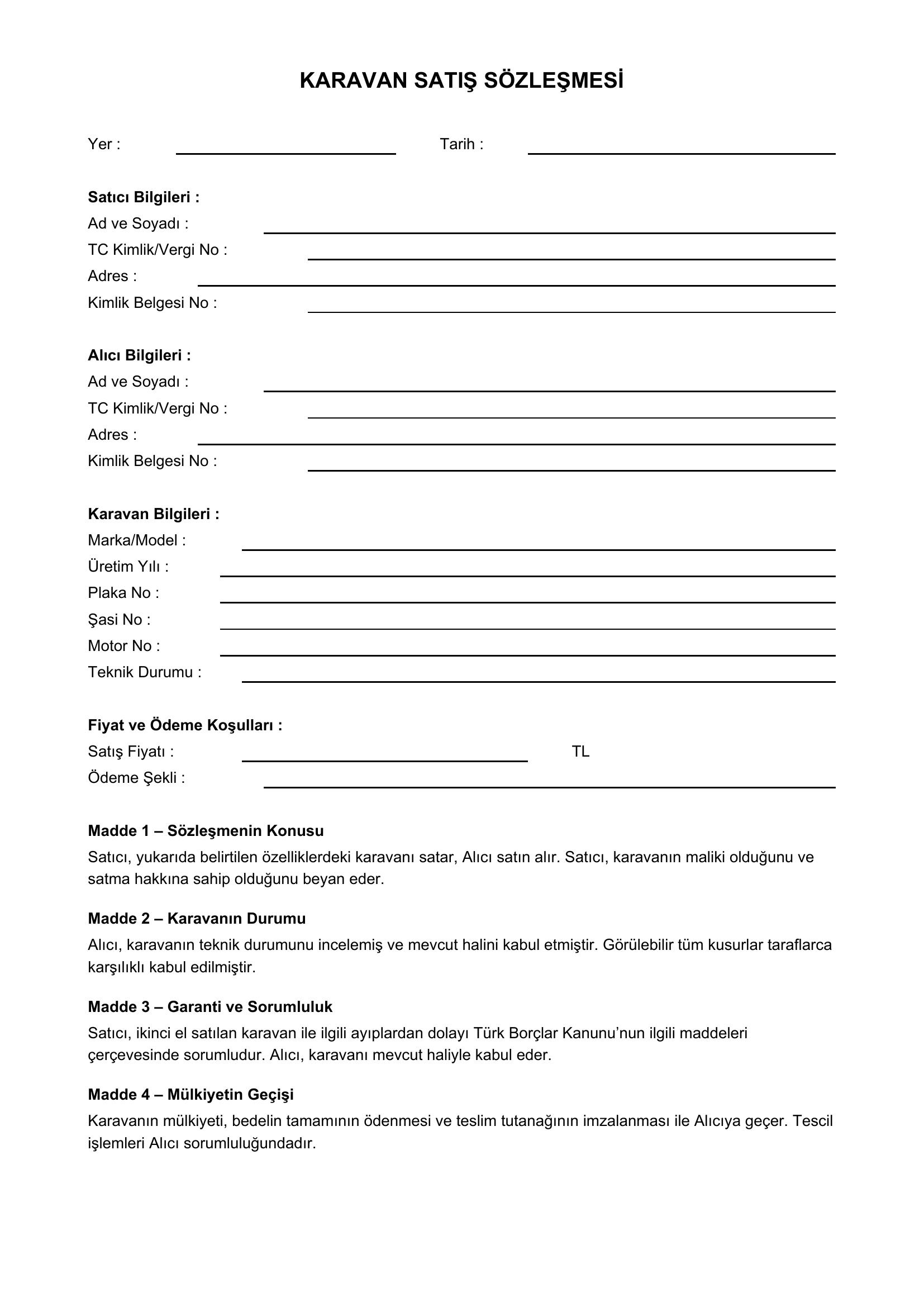 Karavan Satış Sözleşmesi