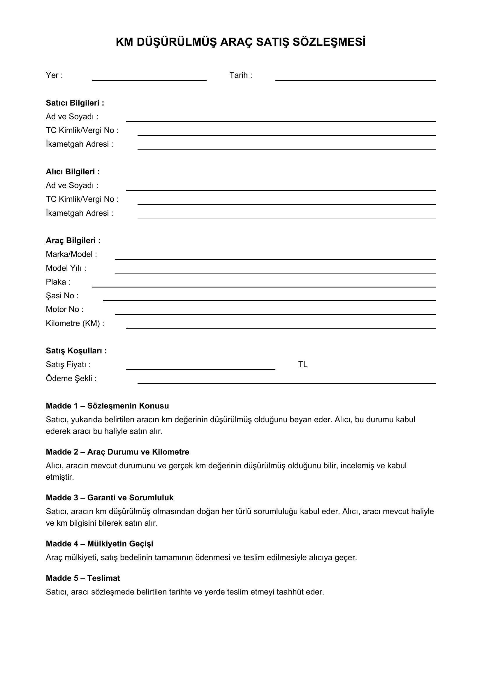 Km Düşürülmüş Araç Satış Sözleşmesi Örneği