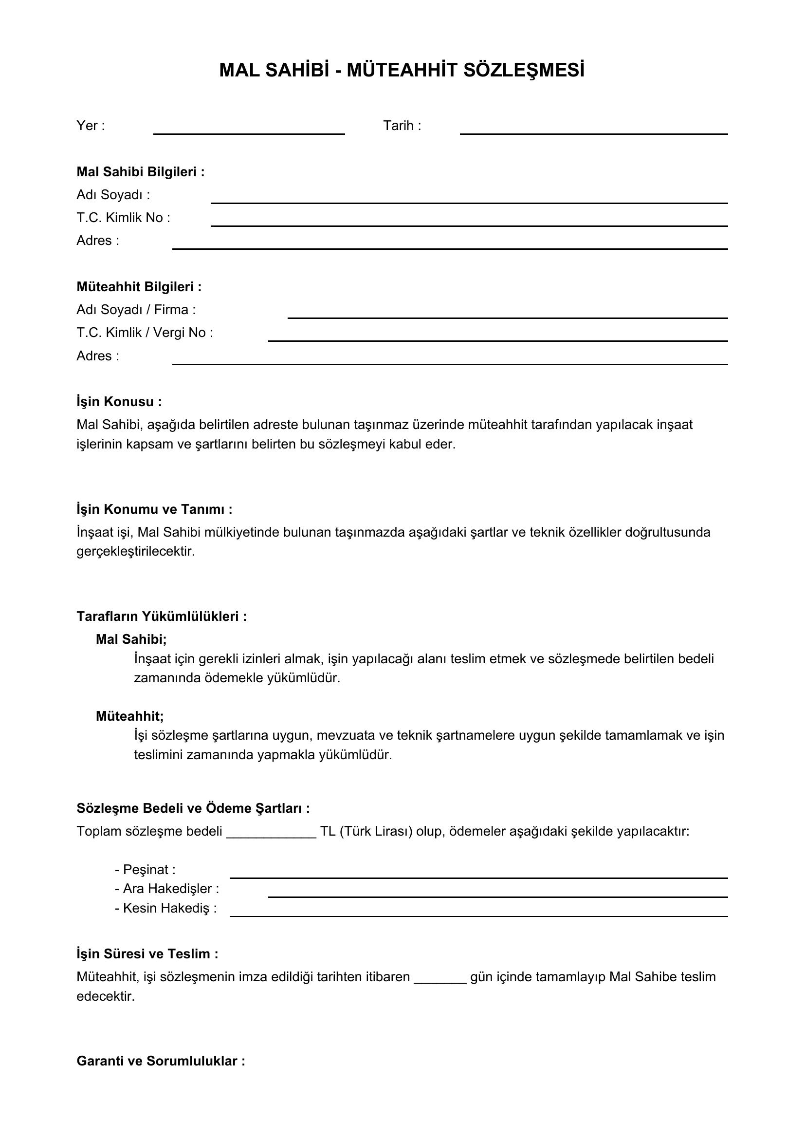 Mal Sahibi Müteahhit Sözleşmesi Örneği