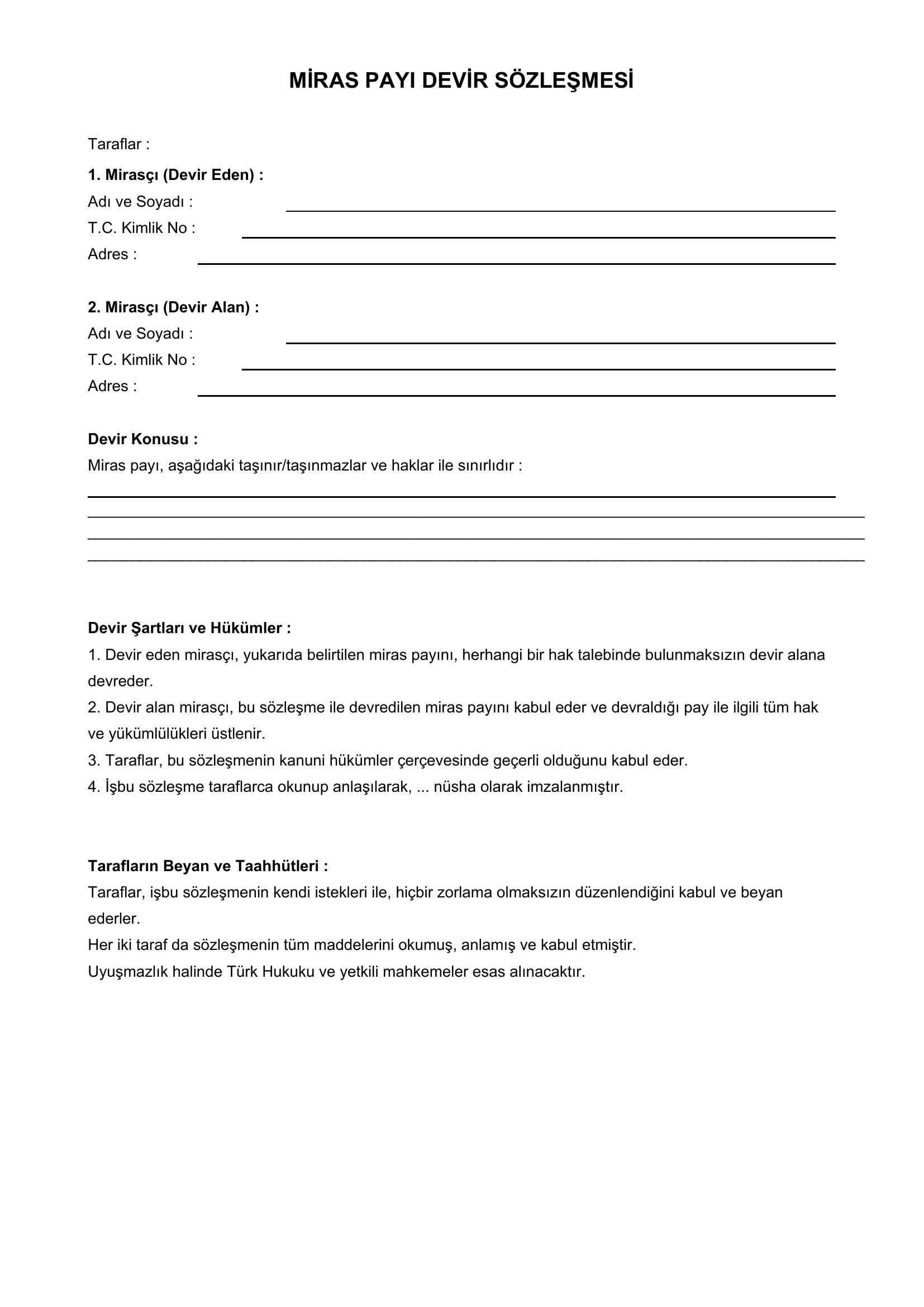 Miras Payı Devir Sözleşmesi Örneği