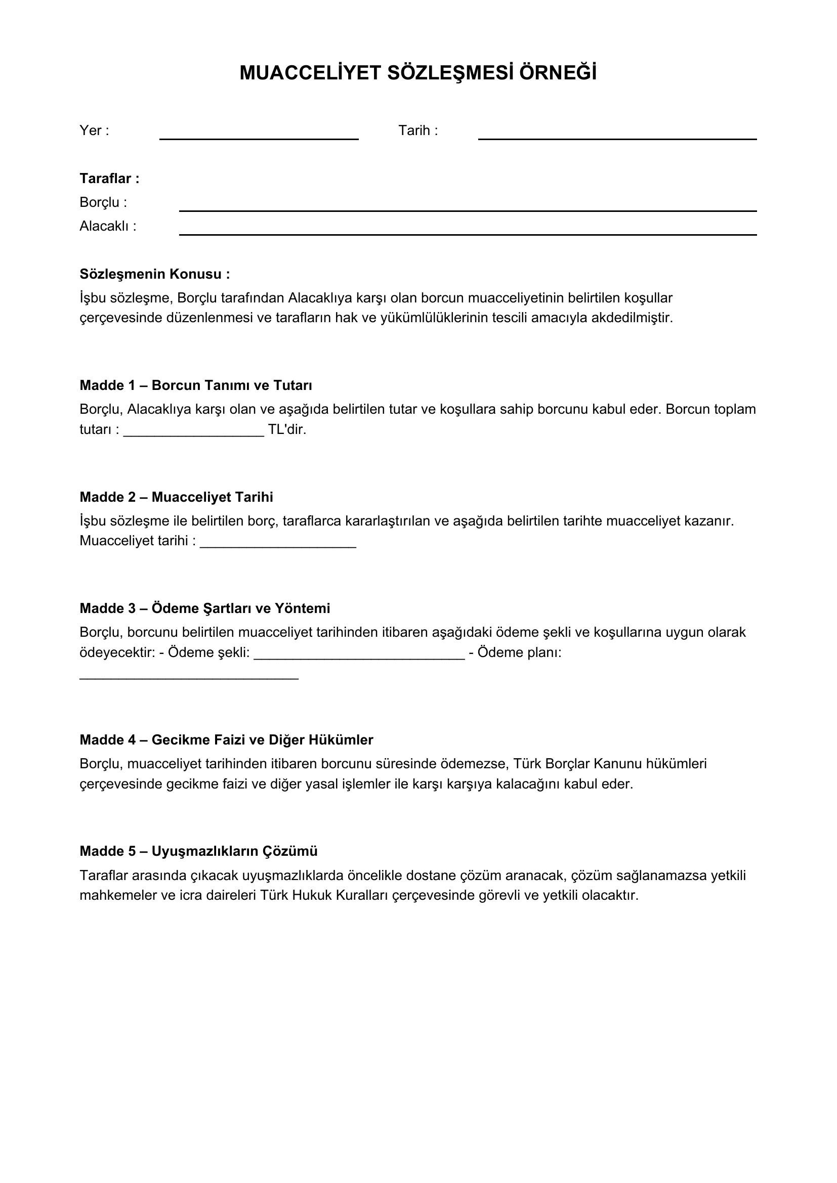 Muacceliyet Sözleşmesi Örneği