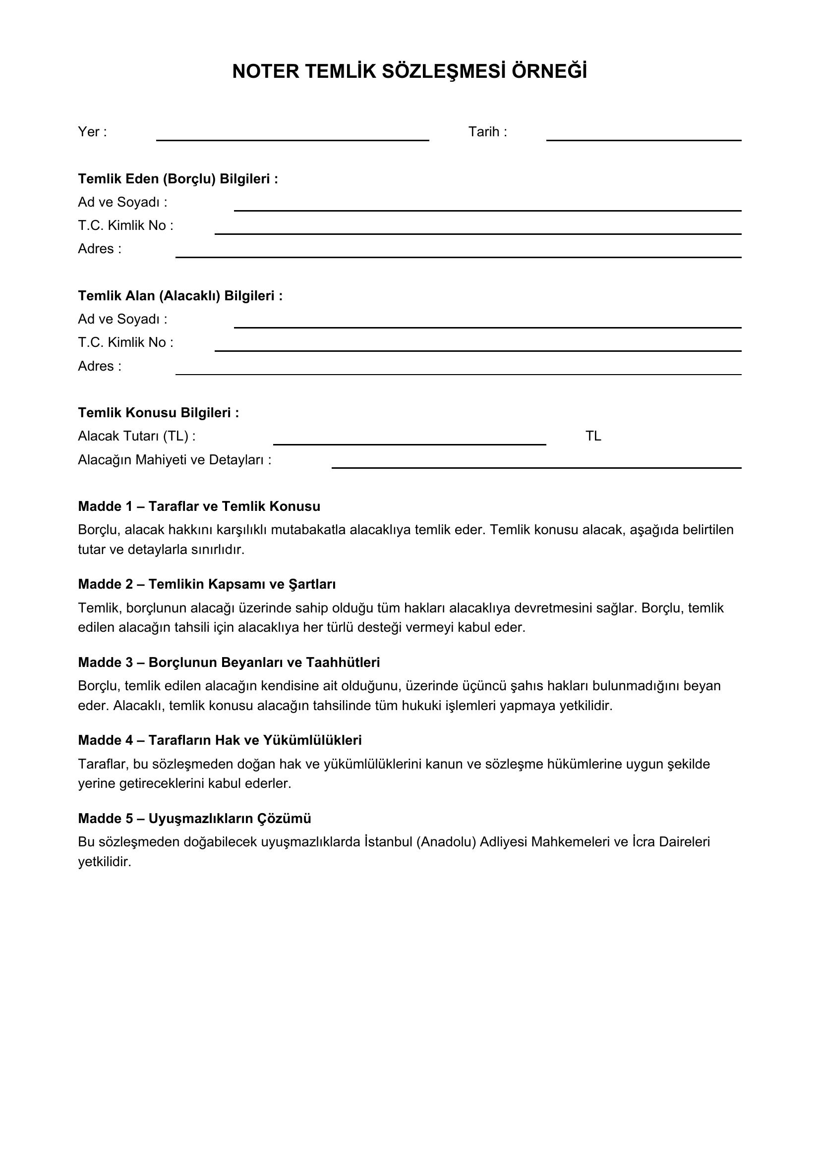Noter Temlik Sözleşmesi Örneği