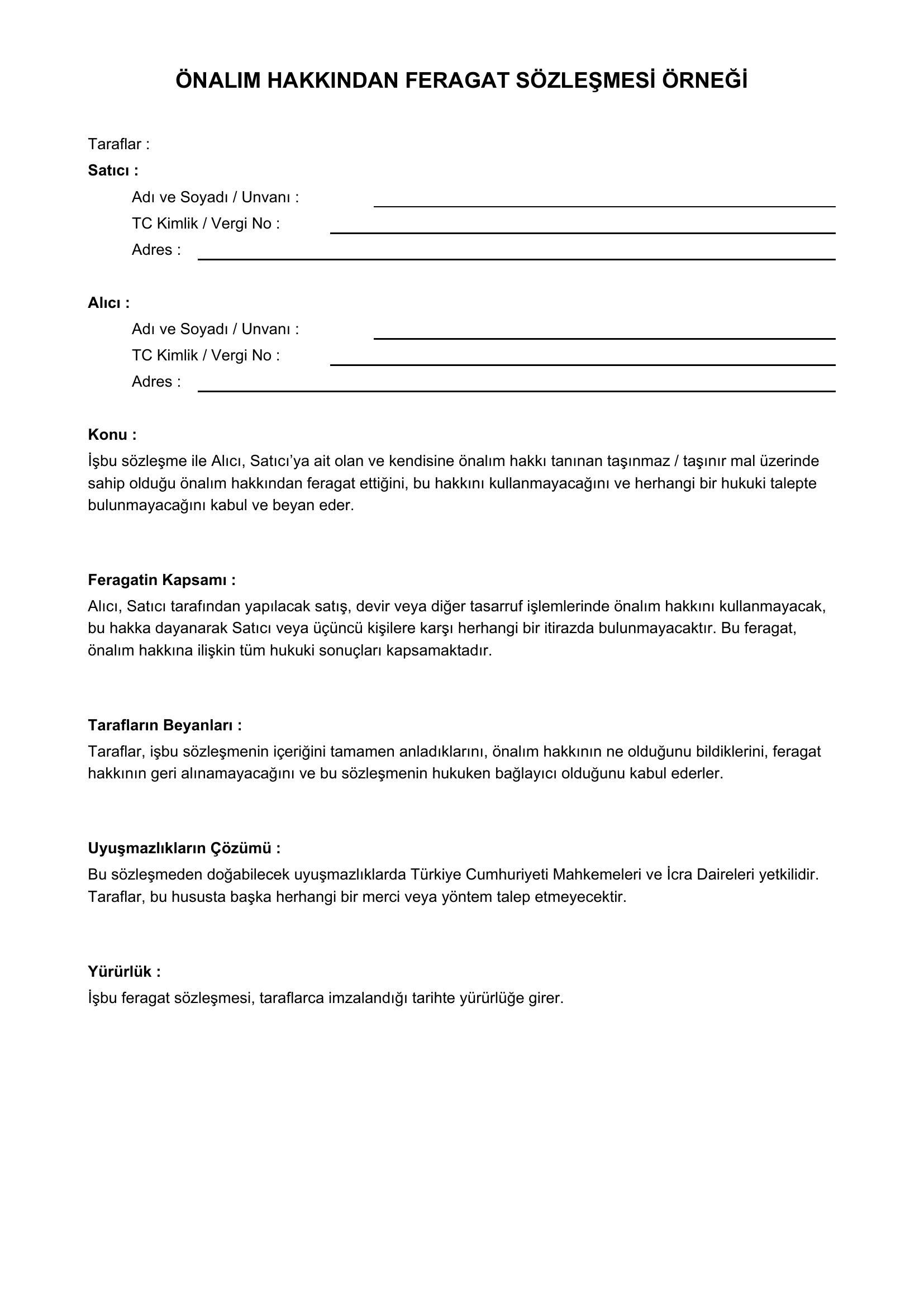 Önalım Hakkından Feragat Sözleşmesi Örneği