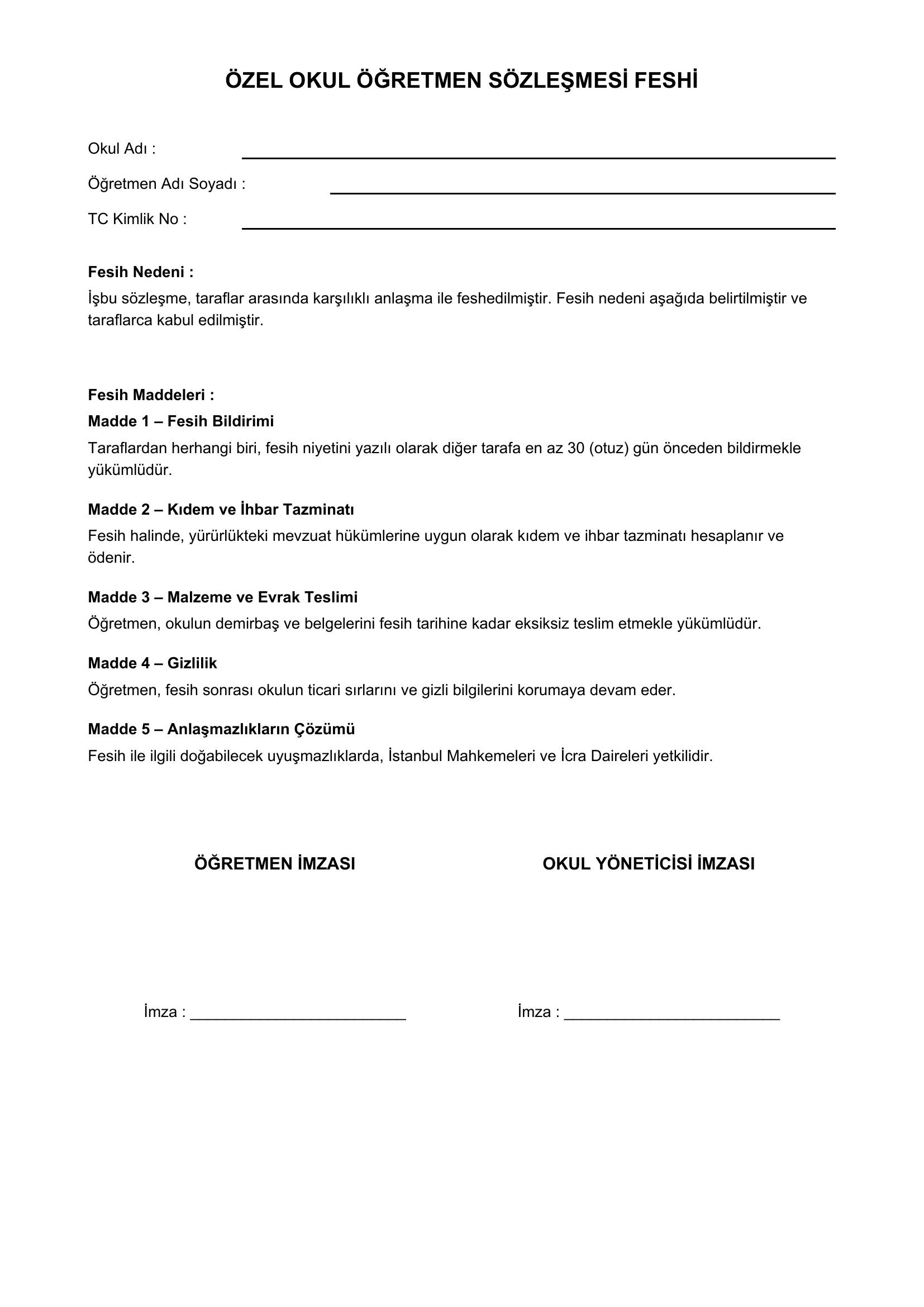 Özel Okul Öğretmen Sözleşmesi Feshi Örneği