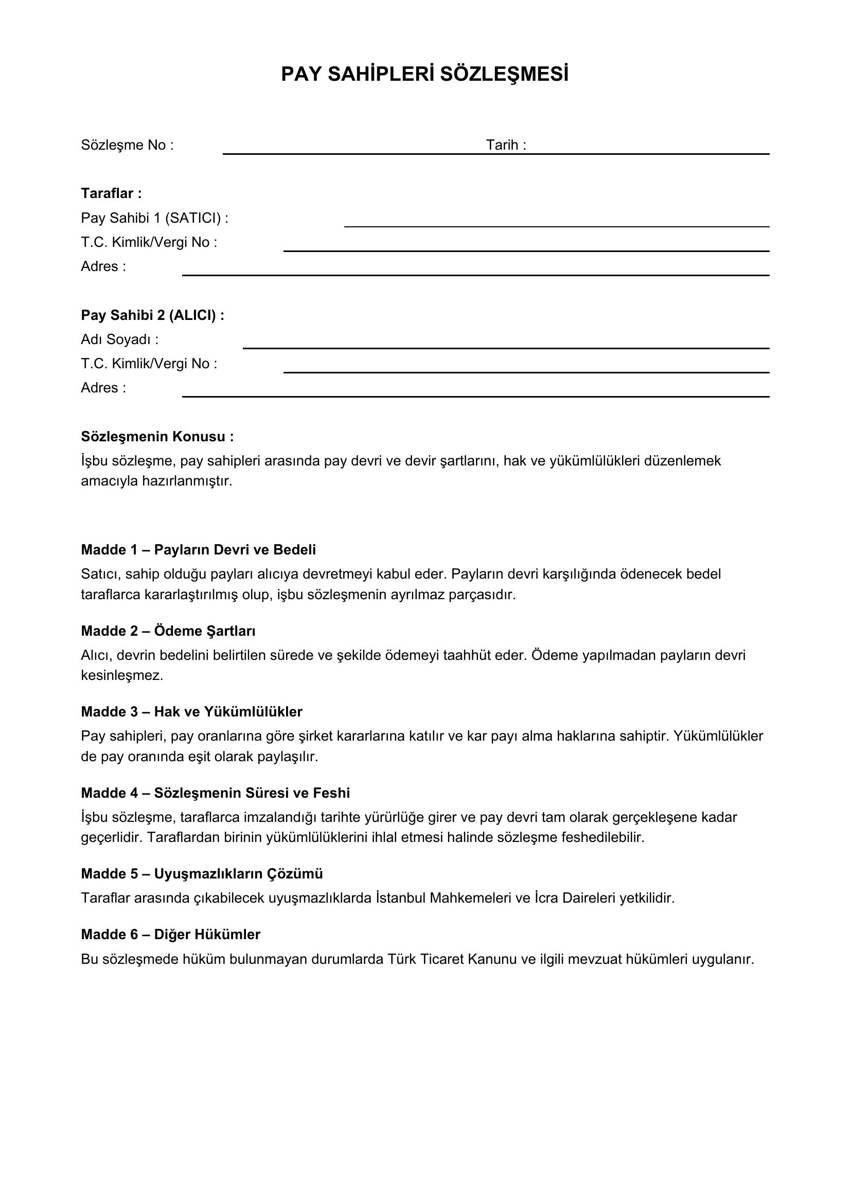 Pay Sahipleri Sözleşmesi Örneği