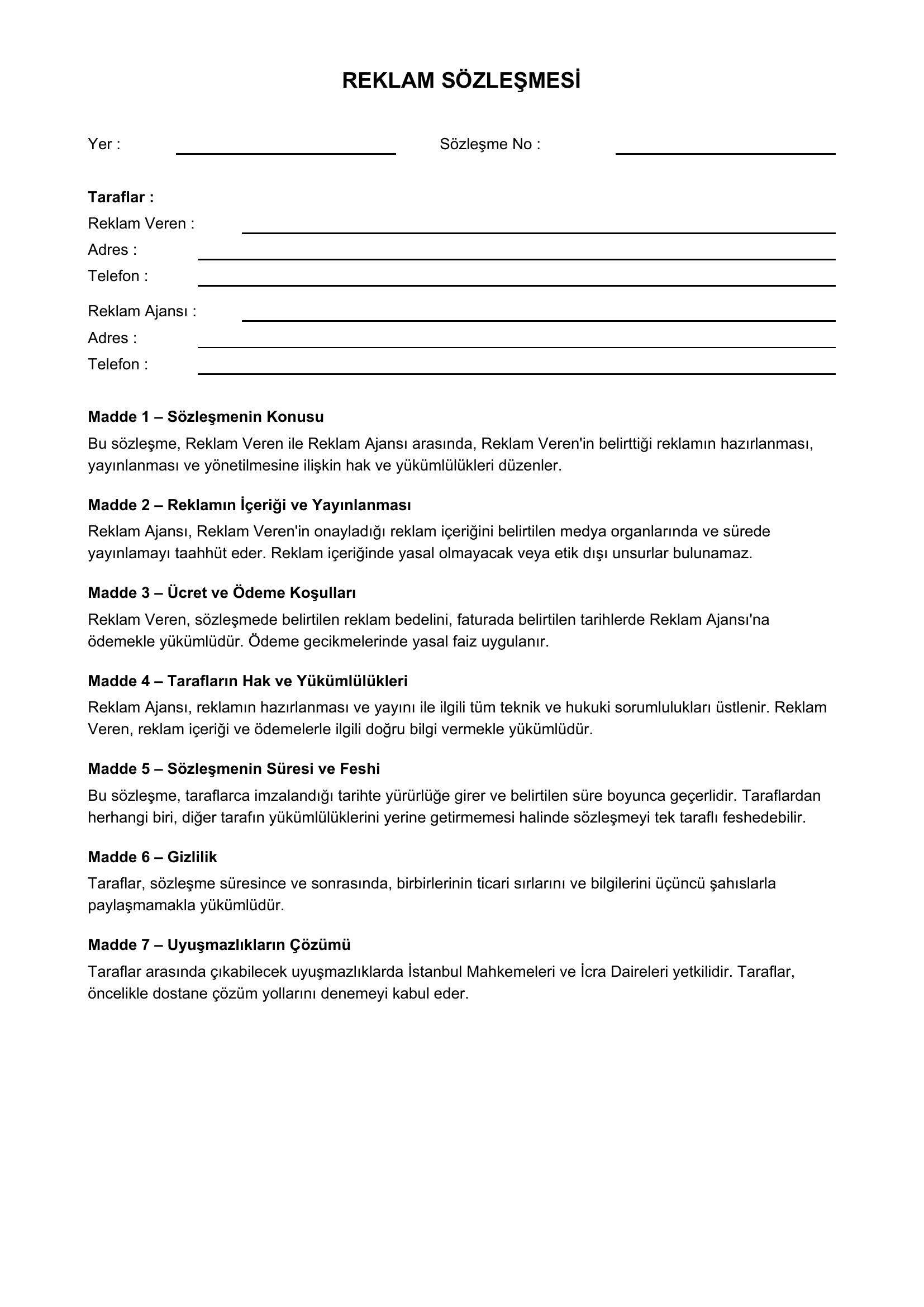 Reklam Sözleşmesi Örneği