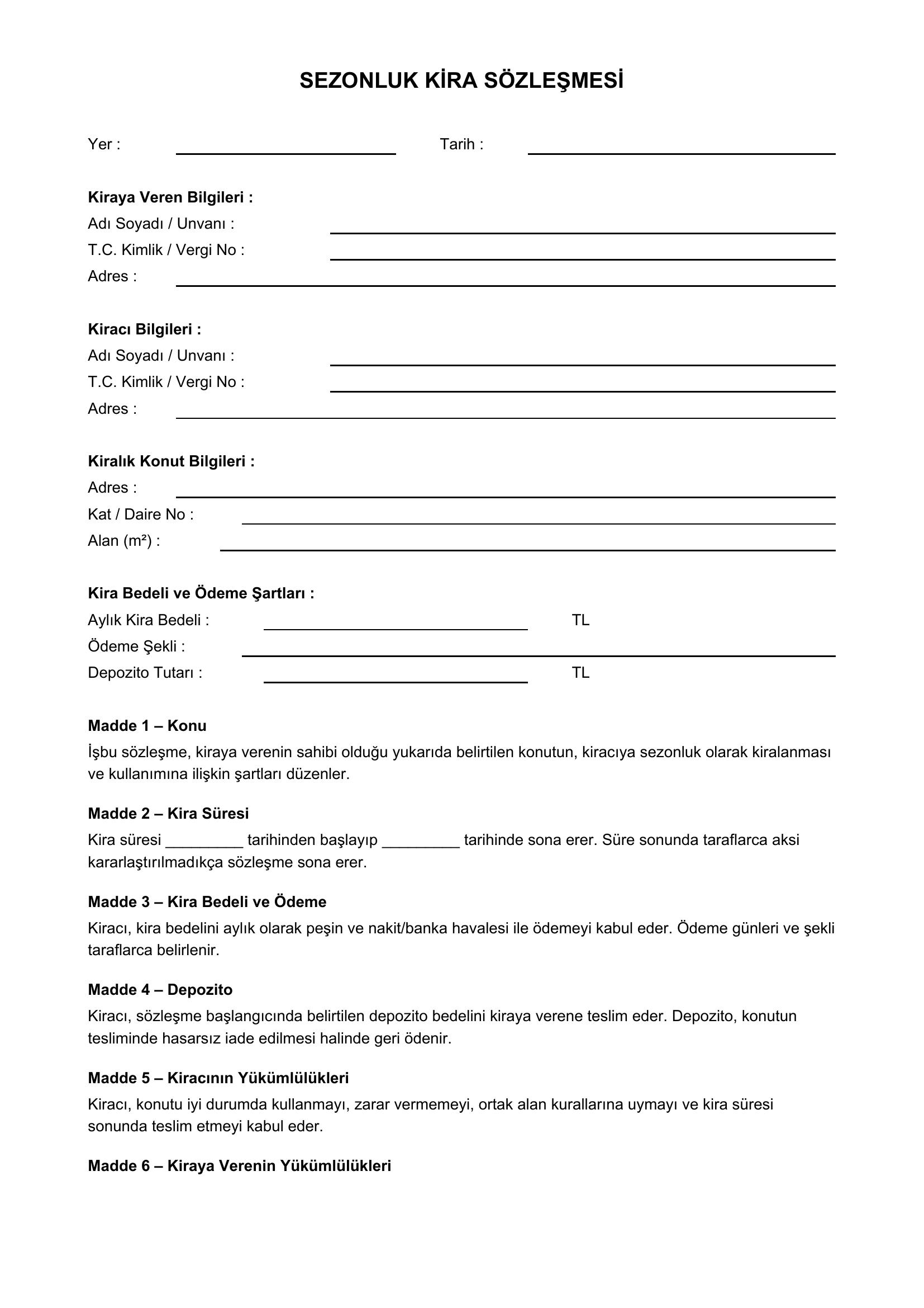 Sezonluk Kira Sözleşmesi Örneği