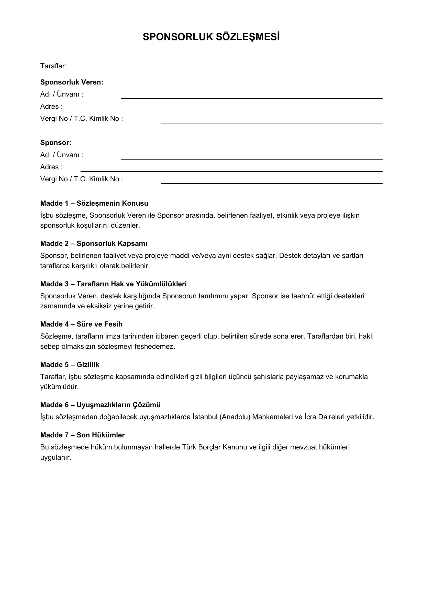 Sponsorluk Sözleşmesi Örneği