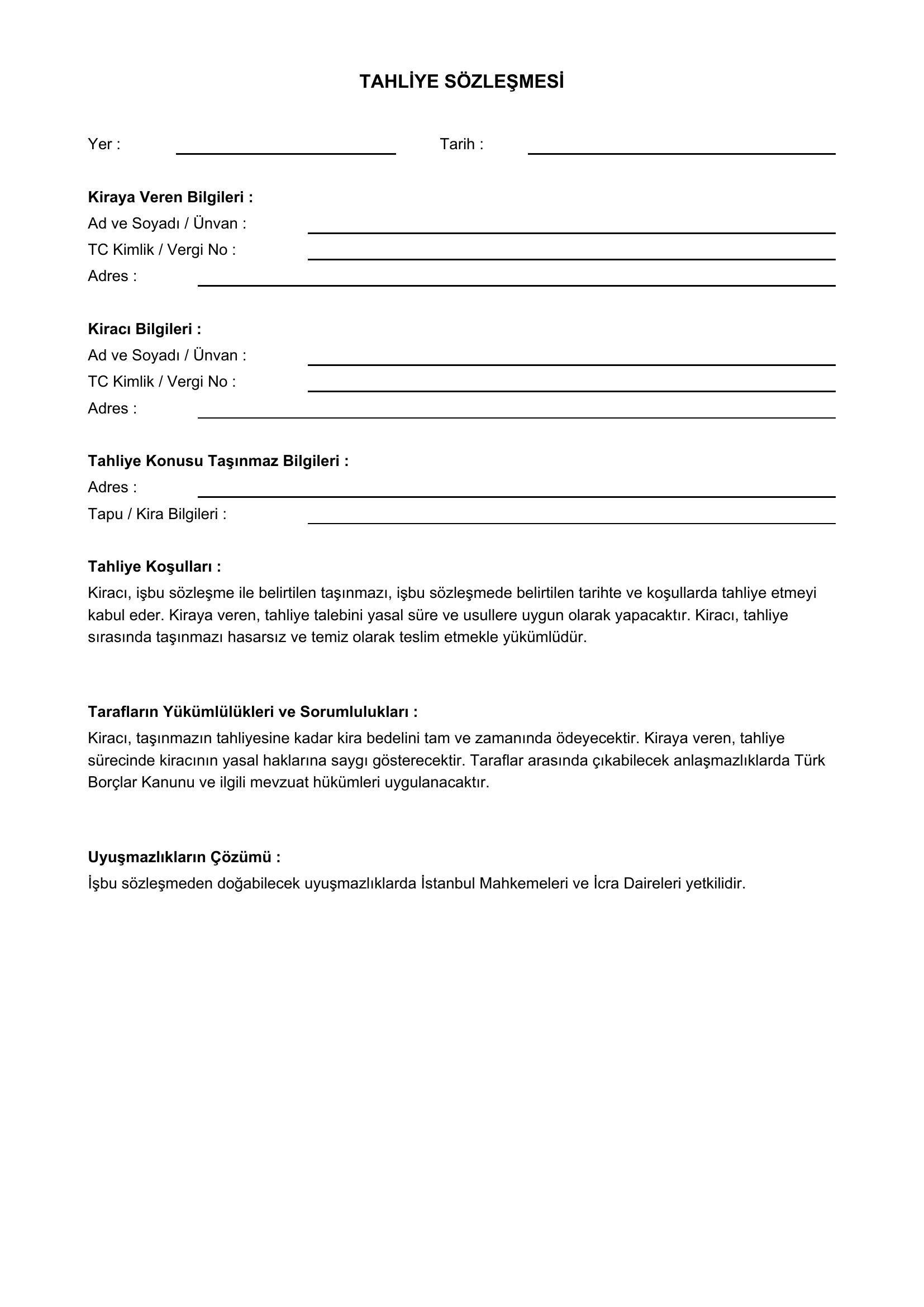 Tahliye Sözleşmesi Örneği