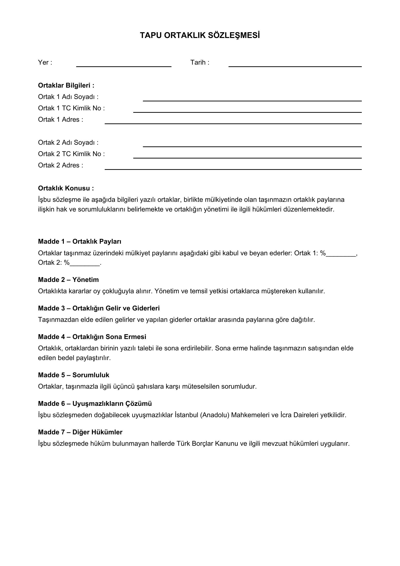 Tapu Ortaklık Sözleşmesi