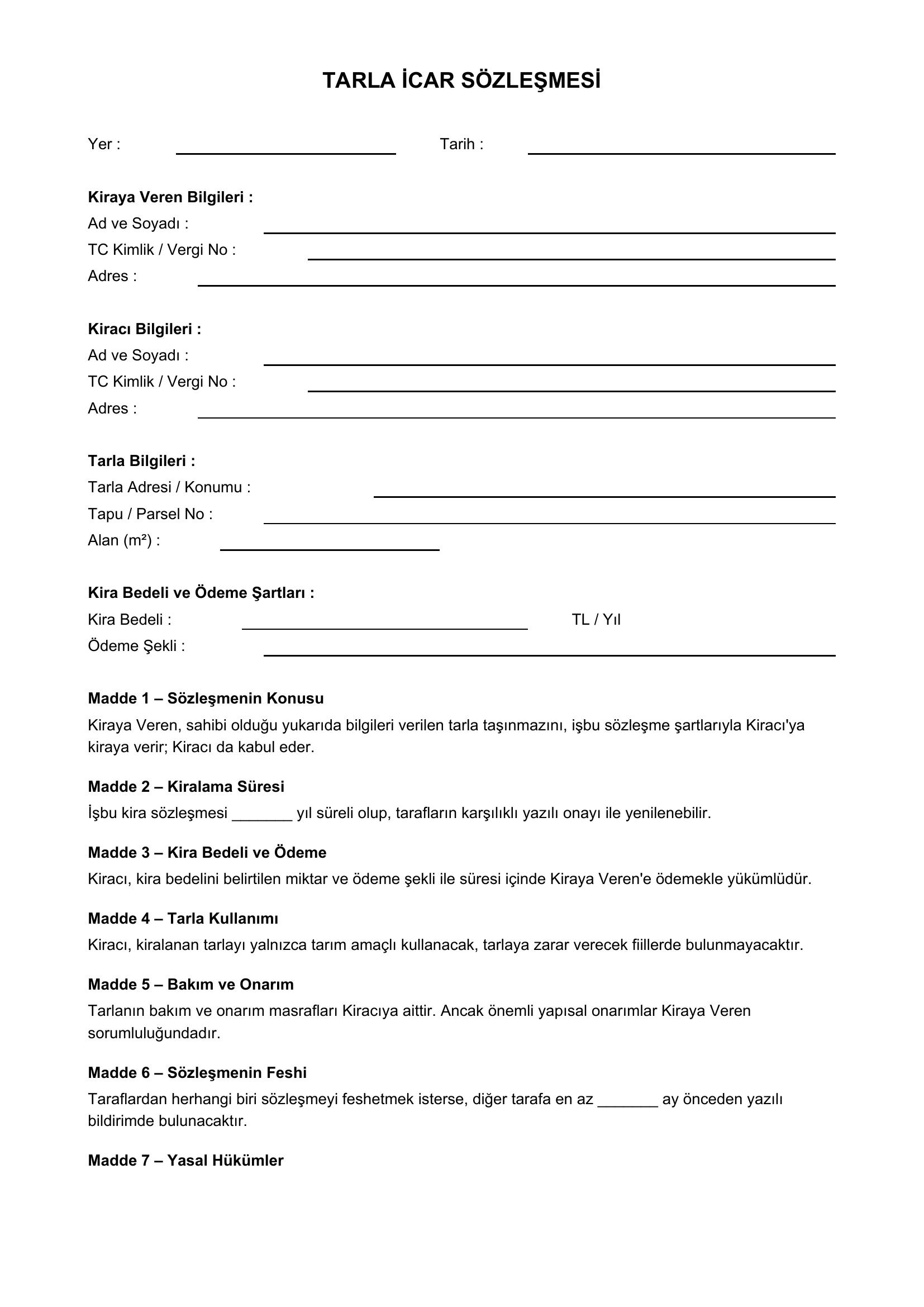 Tarla Icar Sözleşmesi Örneği