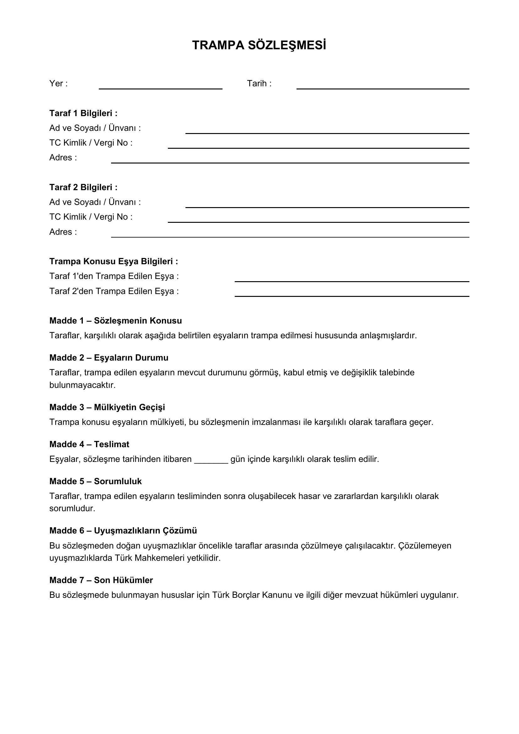 Trampa Sözleşmesi Örneği