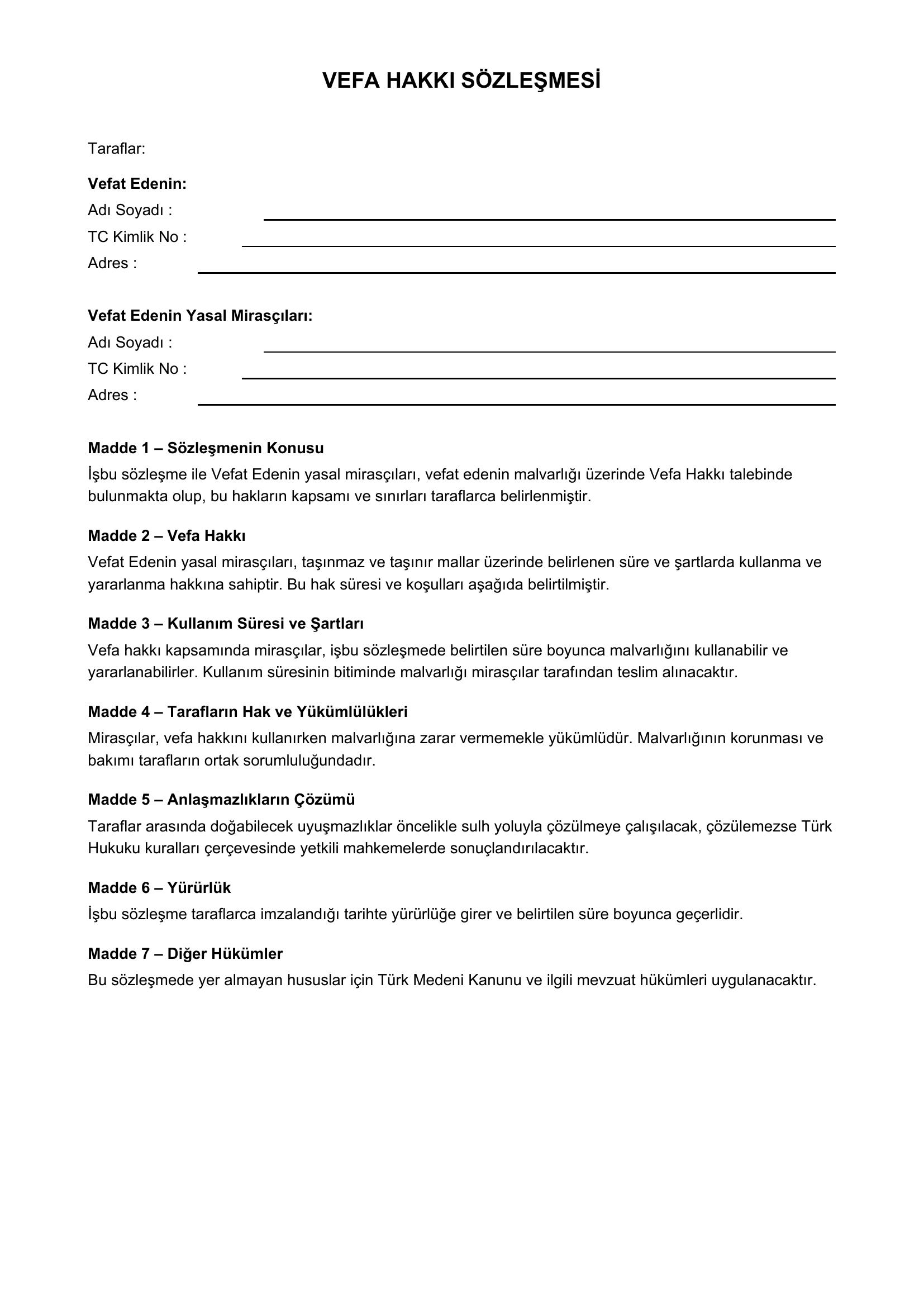 Vefa Hakkı Sözleşmesi Örneği