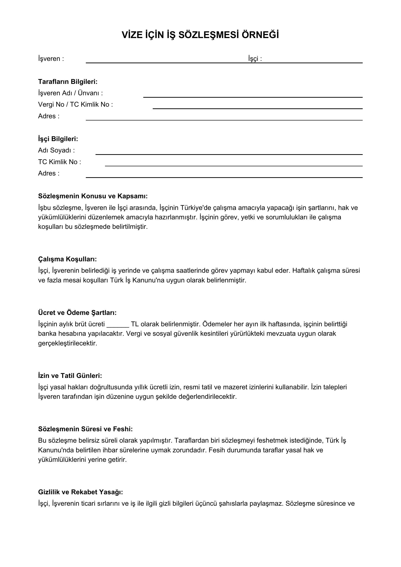 Vize Için Iş Sözleşmesi Örneği